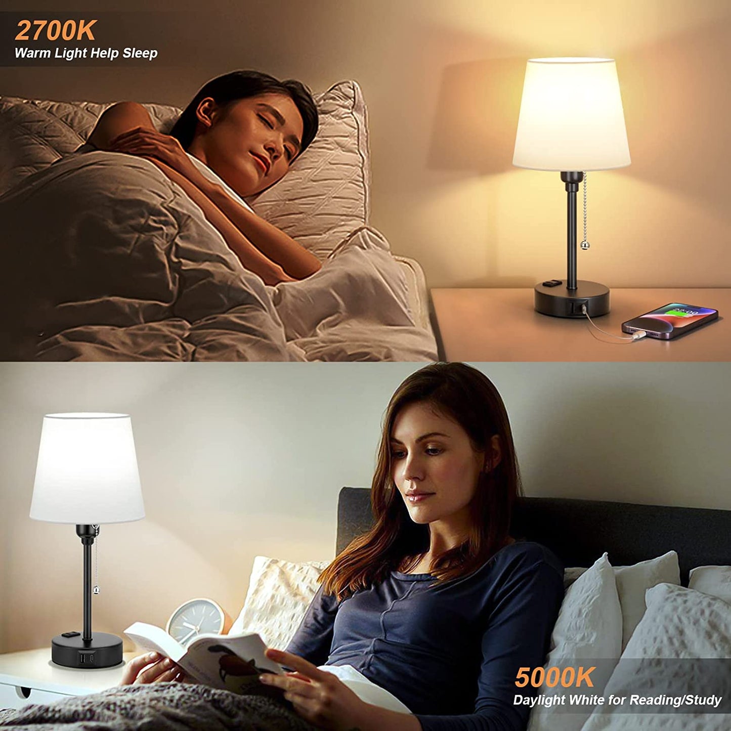 Bedside Lamps Set of 2 with USB C+A Charging Port and AC Outlet