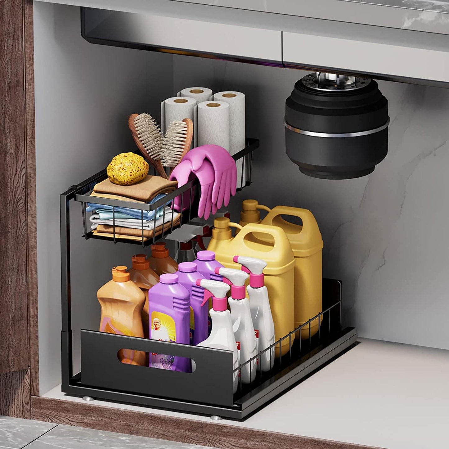 under Sink Organizers and Storage 2 Tier Slide Out Kitchen Cabinet Organizer Sturdy Metal Bathroom Storage, Black