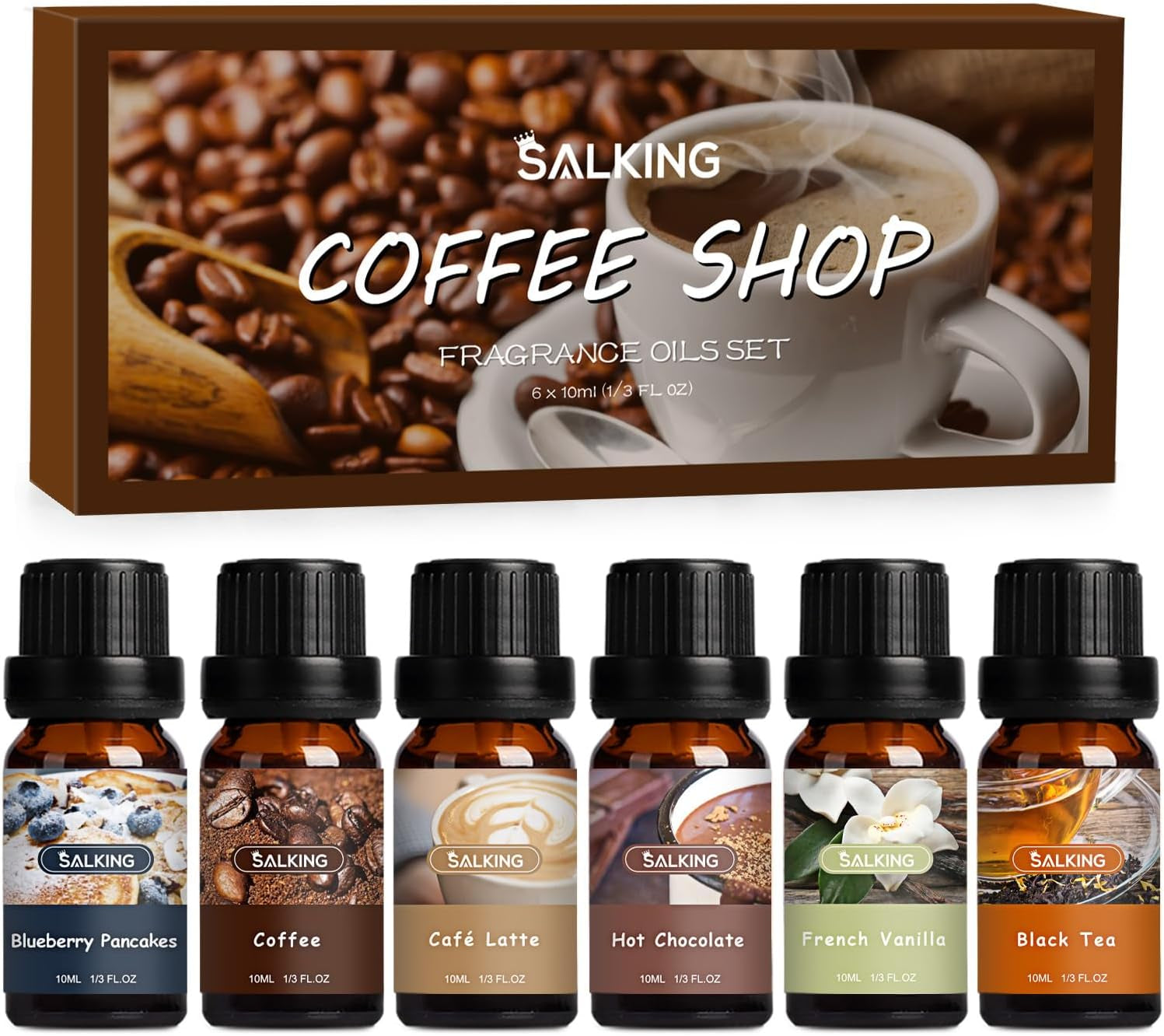 Coffee Shop Fragrance Oils Set, Premium Essential Oils Set for Diffuser, Scented Oil for Soap & Candle Making - Blueberry Pancakes, Coffee, Café Latte, Hot Chocolate, French Vanilla, Black Tea