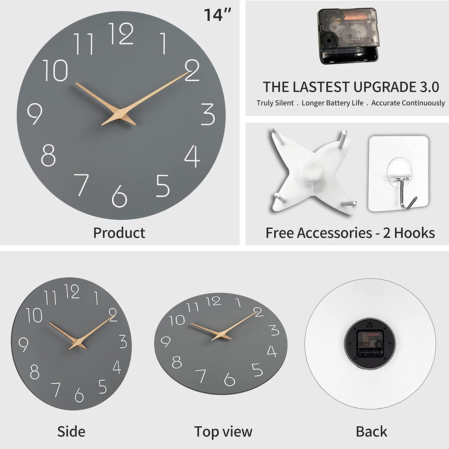 Wall Clock 14 Inch Battery Operated Silent Non-Ticking, Simple Modern Woode (Gray)