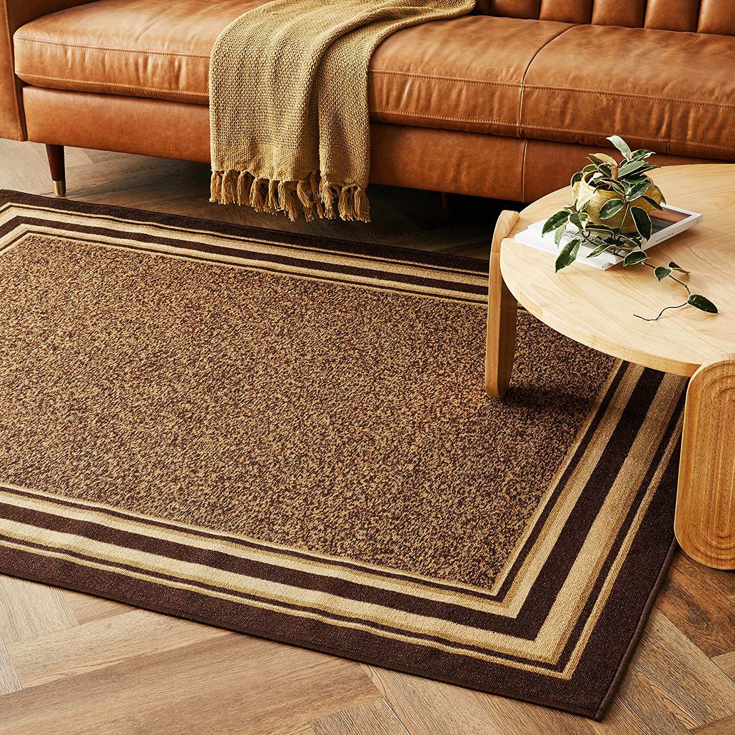 Bordered Brown Ottohome Collection Contemporary, Area Rug-5' X 6'6"