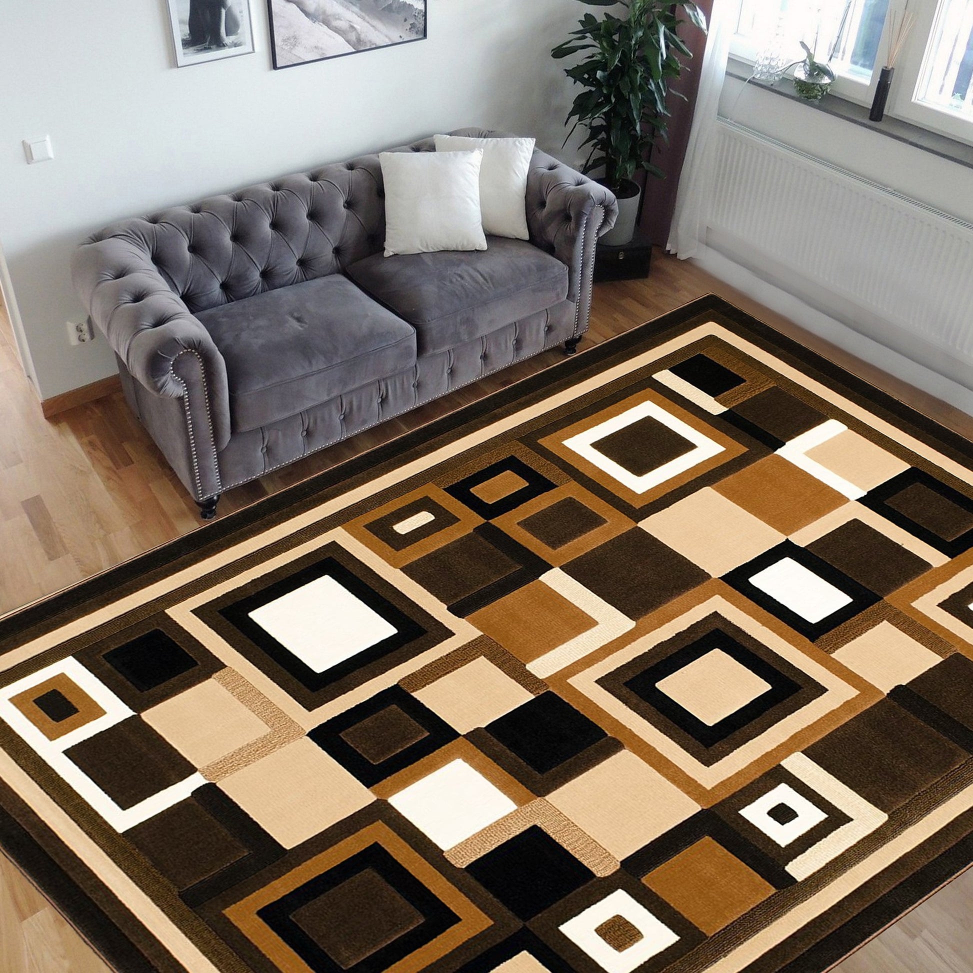 HR Brown, Beige, Chocolate Multicolor Modern Contemporary Living Room Rugs-Abstract Carpet with Geometric Rug
