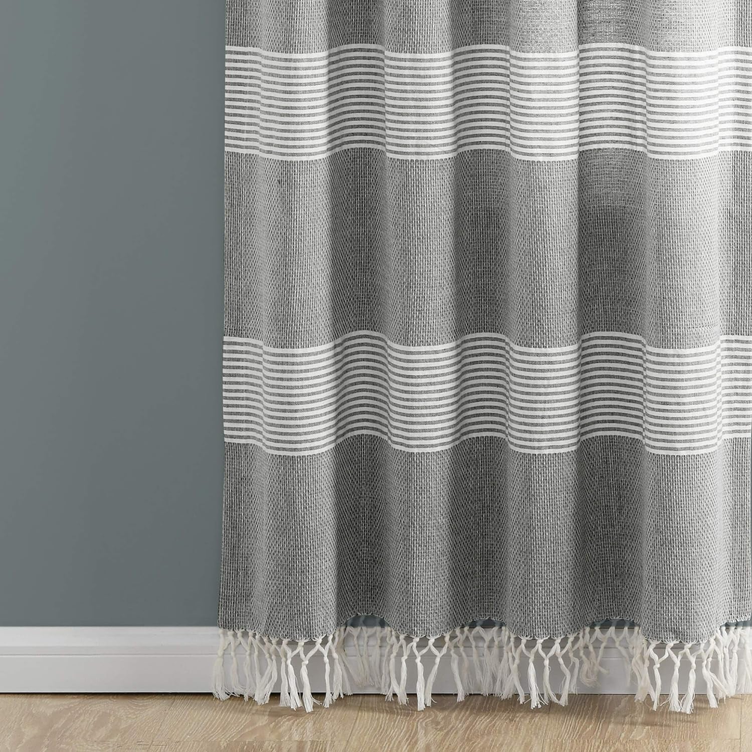 Tucker Stripe Yarn Dyed Cotton Knotted Tassel Window Curtain Panel Pair, 84" X 40", Gray