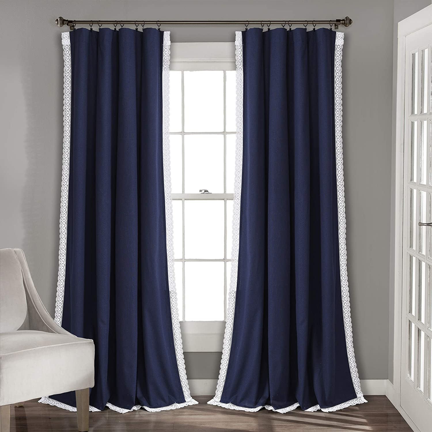 Rosalie Farmhouse Window Curtains Rustic Style Panel Set for Living, Dining Room Bedroom (Pair), 54"W X 120"L, Navy
