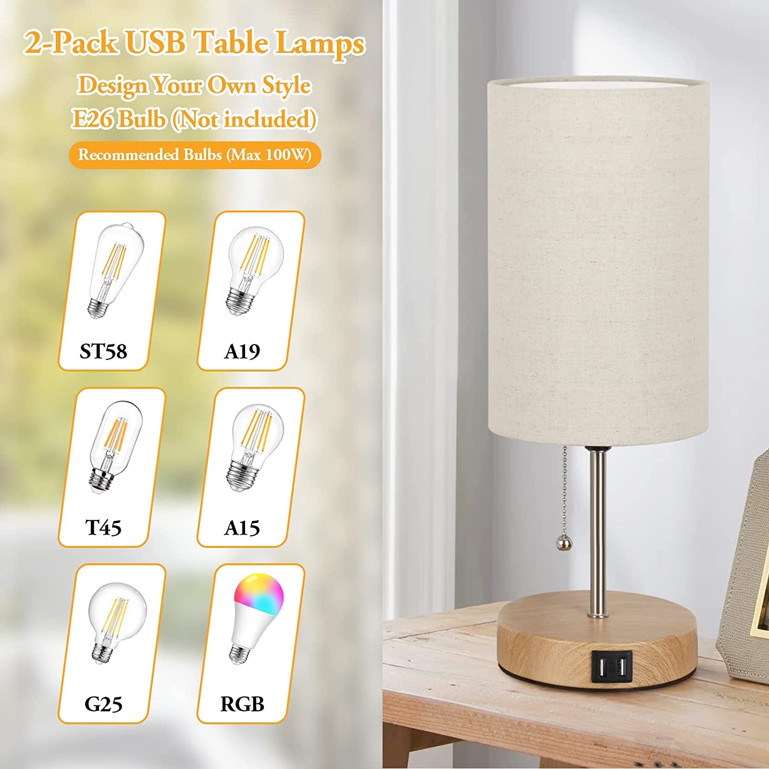 Set of 2 Table Lamps with 2 USB Ports, Modern Lamps with Pull Chain
