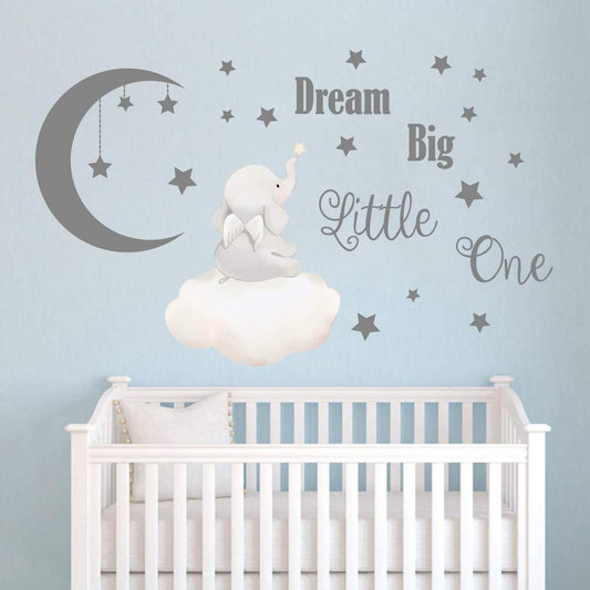 Dream Big Little One Wall Decals Elephant Inspirational Quotes Kids Wall Stickers for Bedroom Playroom Nursery Decoration Wall Decor