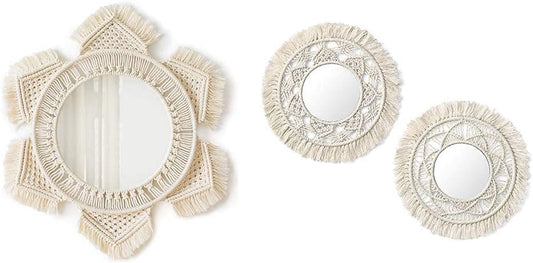 Hanging Wall Mirror with Macrame Fringe, Set of 3