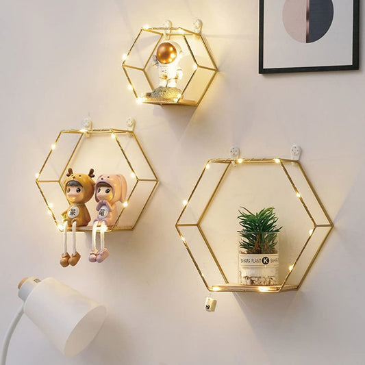  Hexagon Floating Shelves Wall Decor, Gold Metal Wire and Wood Set of 3 with LED Lights