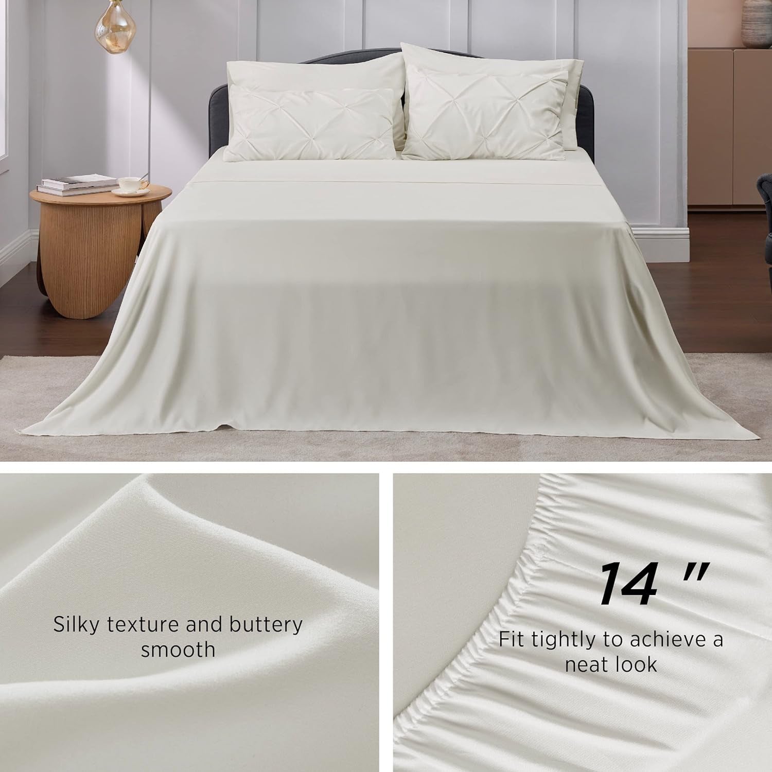 Ivory Comforter Set Queen - Bed in a Bag Queen 7 Pieces, Pintuck Bedding Sets Ivory Bed Set with Comforter, Sheets, Pillowcases & Shams
