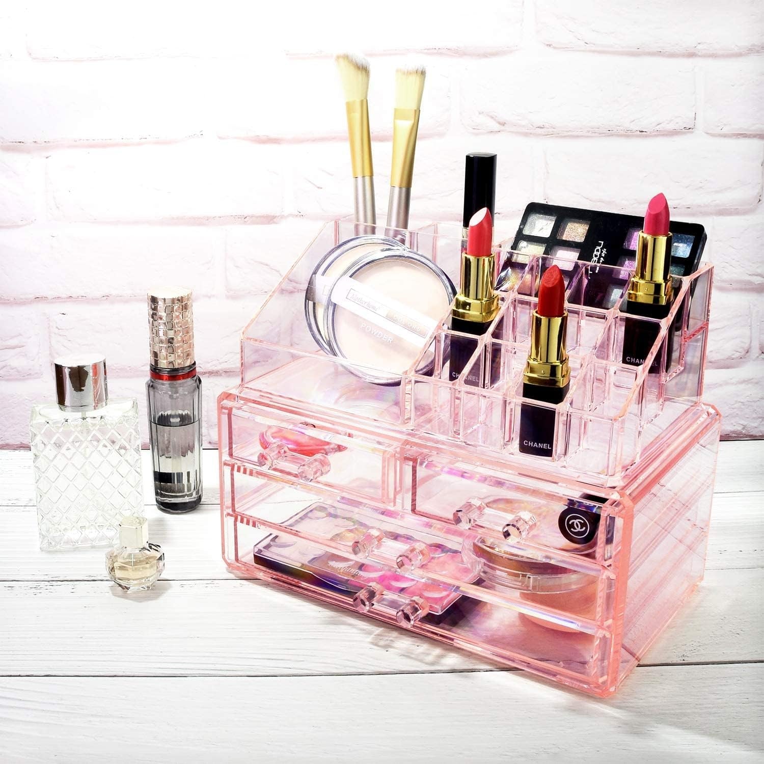 Pink Jewelry & Cosmetic Storage Display Boxes Two Pieces Set, Organizer Makeup Holder, for Vanity