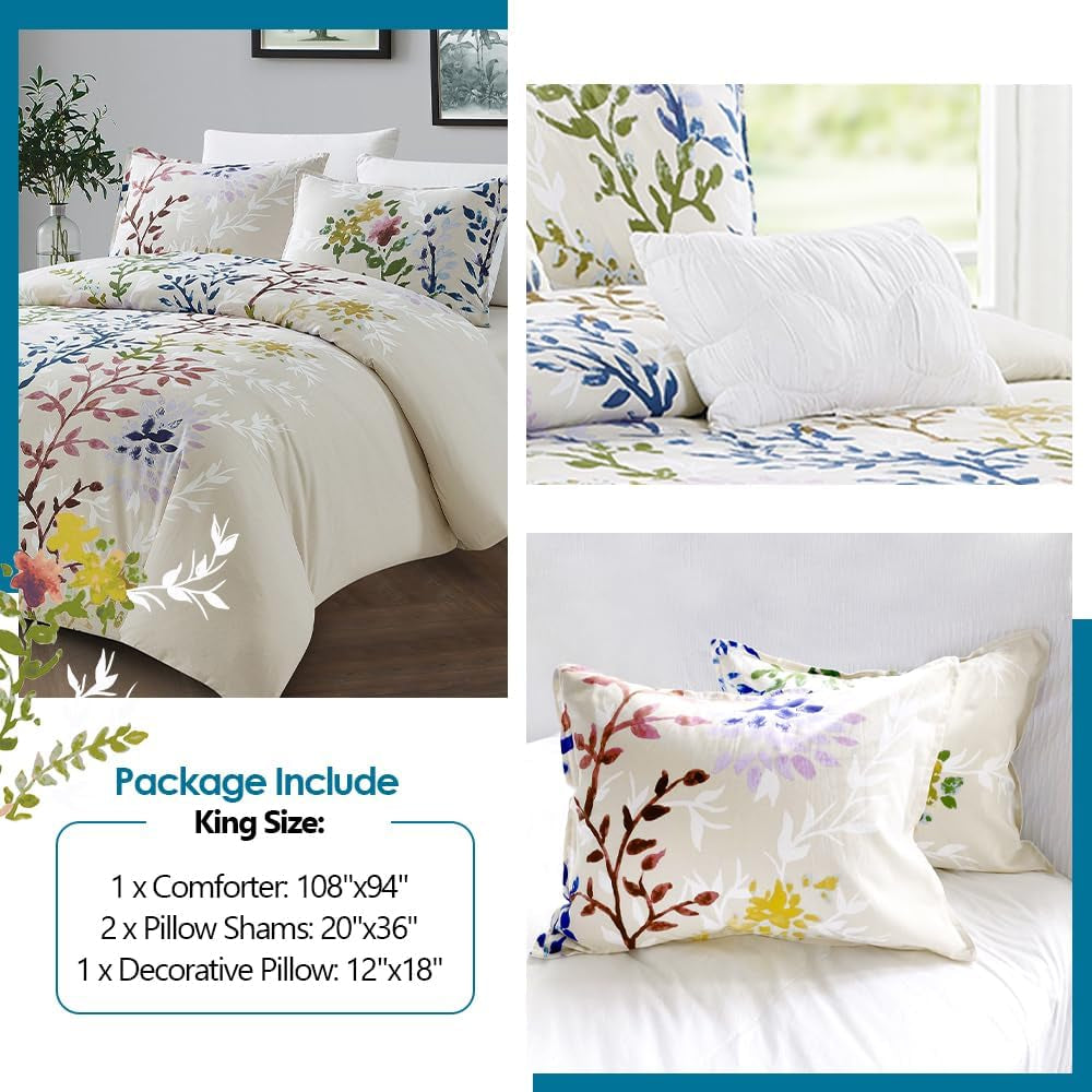 Style Quarters King Size Comforter Set - 4 Pieces 100% Cotton Soft and Comfort Floral Bedding Sets for All Season, Bed in a Bag with 108X94 Flower Comforter, 2 Shams & Decorative Pillow Dahlia