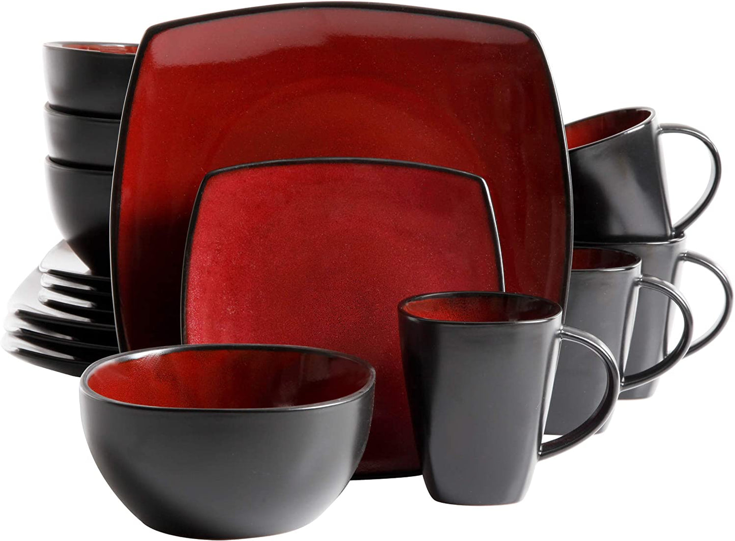 Soho Lounge Square Reactive Glaze Dinnerware Set, Red, Service for 4 (16Pcs)