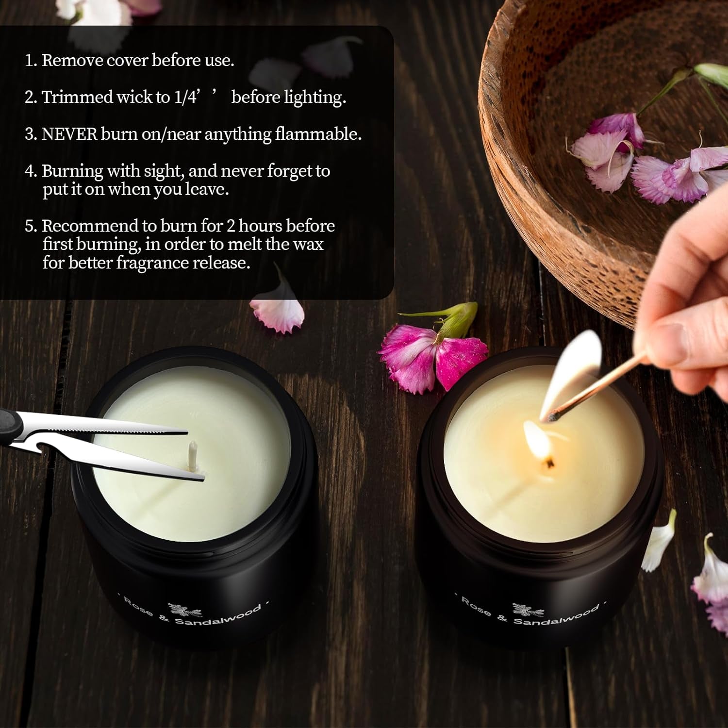 Scented Candles for Home Scented, Strong Fragranced Aromatherapy Candle - 7.6 Oz, 100% Soy Wax - Christmas Candles Scented for Men & Women in Black Jar, Rose & Sandalwood
