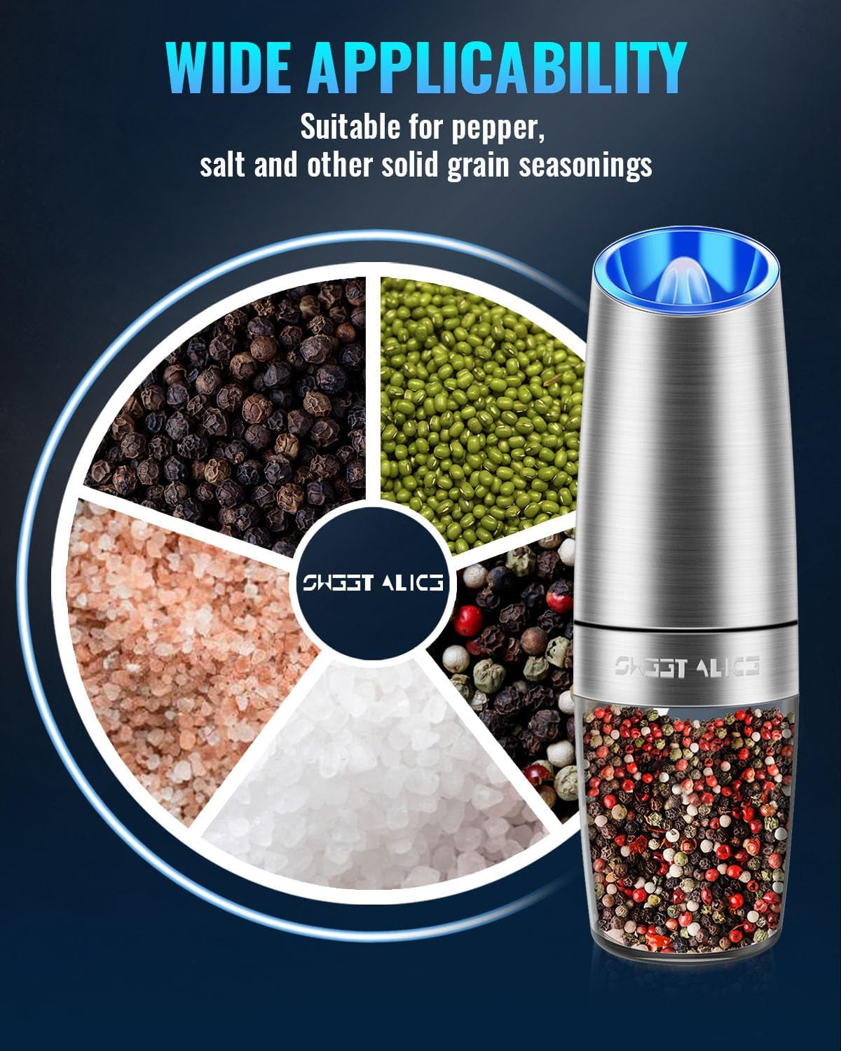 Gravity Electric Pepper and Salt Grinder Set, Salt and Pepper Mill & Adjustable Coarseness, Battery Powered with LED Light, One Hand Automatic Operation, Stainless Steel (Set/Silver)