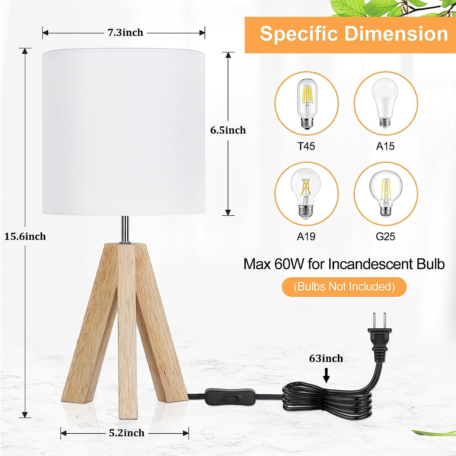 Small Table Lamp, Wood Tripod Table Lamp with White Fabric Shade Bulb Not Included