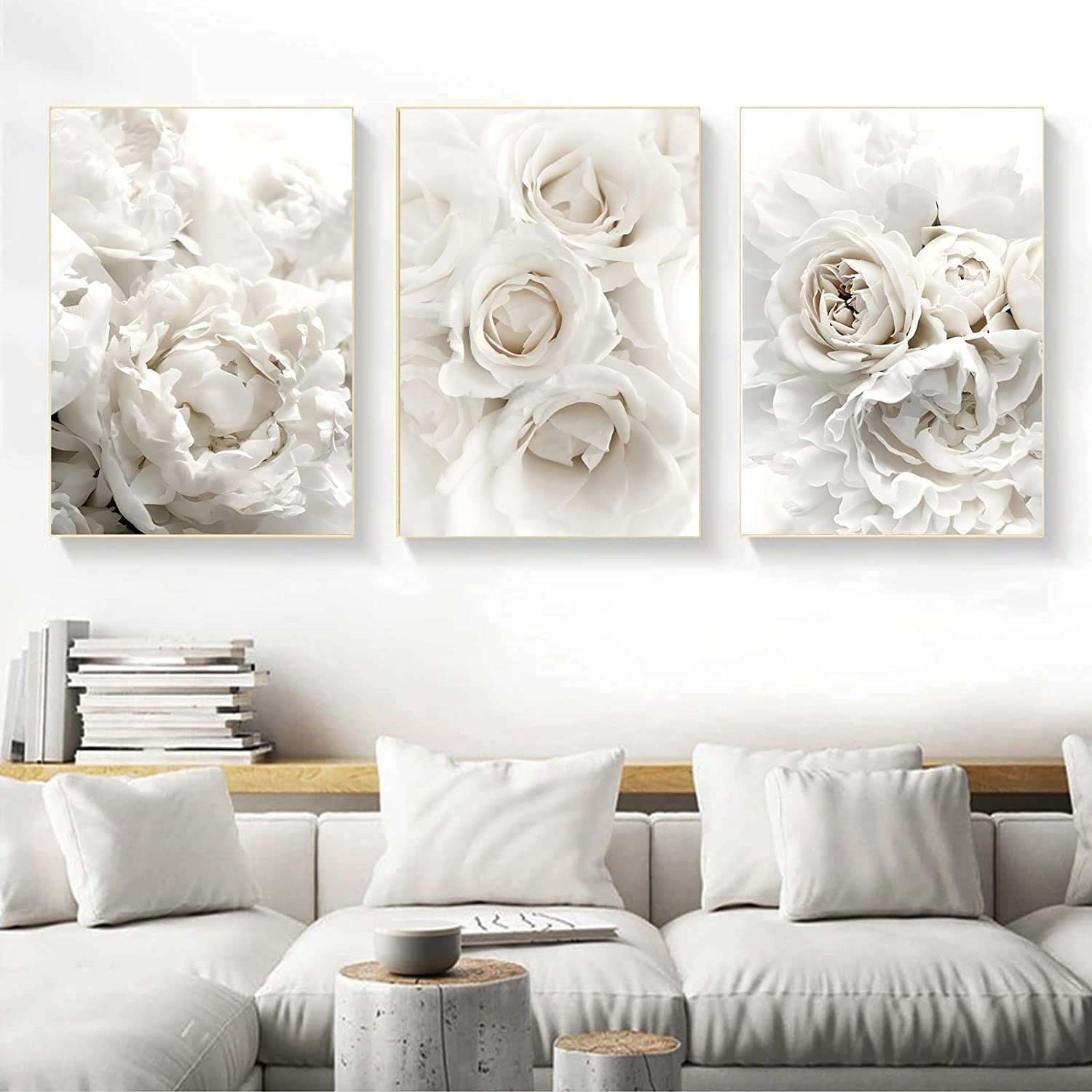 White Rose Canvas Wall Art White Flowers Picture 16X24Inchx3 Frameless