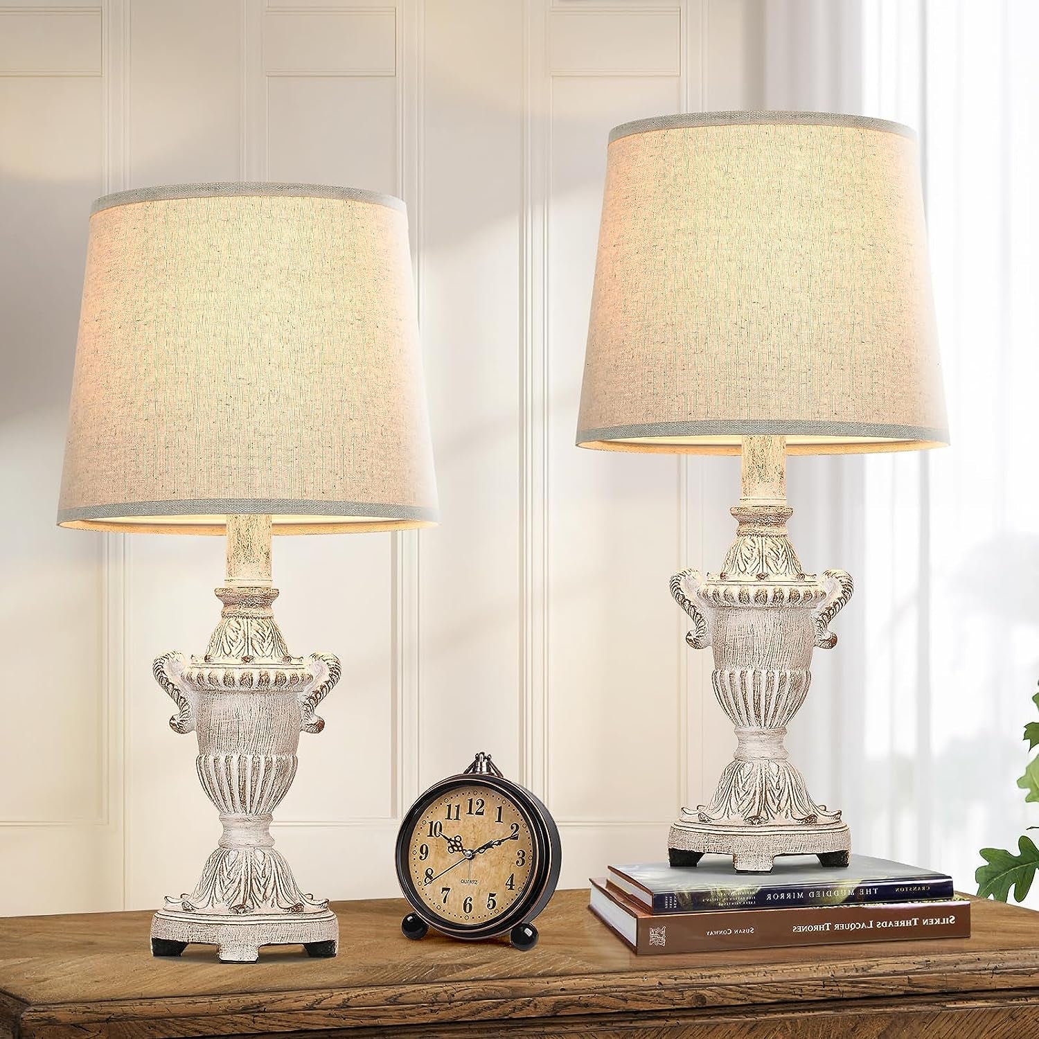Table Lamps Set of 2, Vintage with Cream Fabric Shade