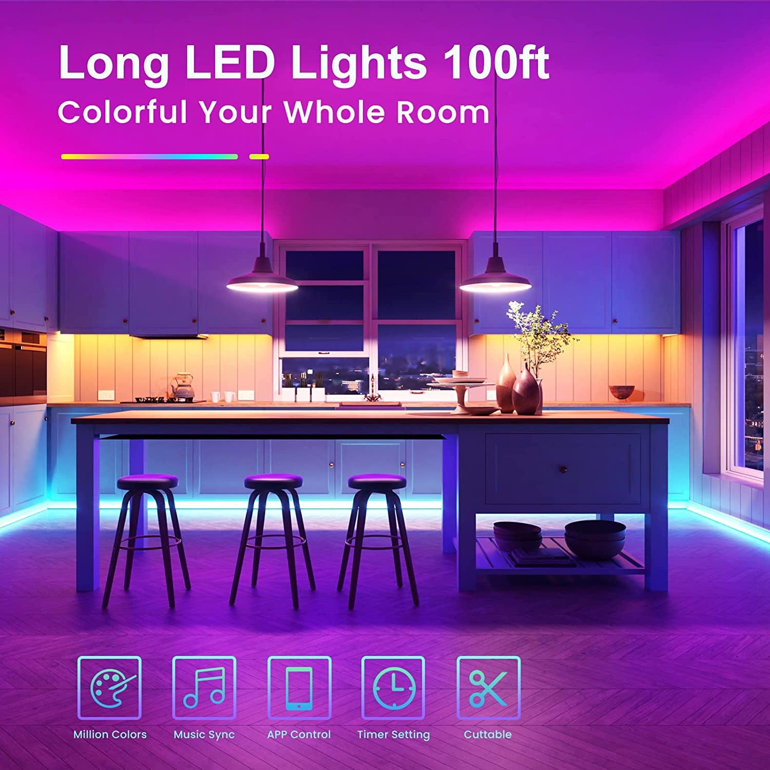 100Ft Led Lights for Bedroom, Music Sync RGB LED Strip Lights, Bluetooth Led Light Strip with APP and Remote Control, Color Changing Rope Lights, LED Tape Light for Teen, Room Decor/50Ft *2