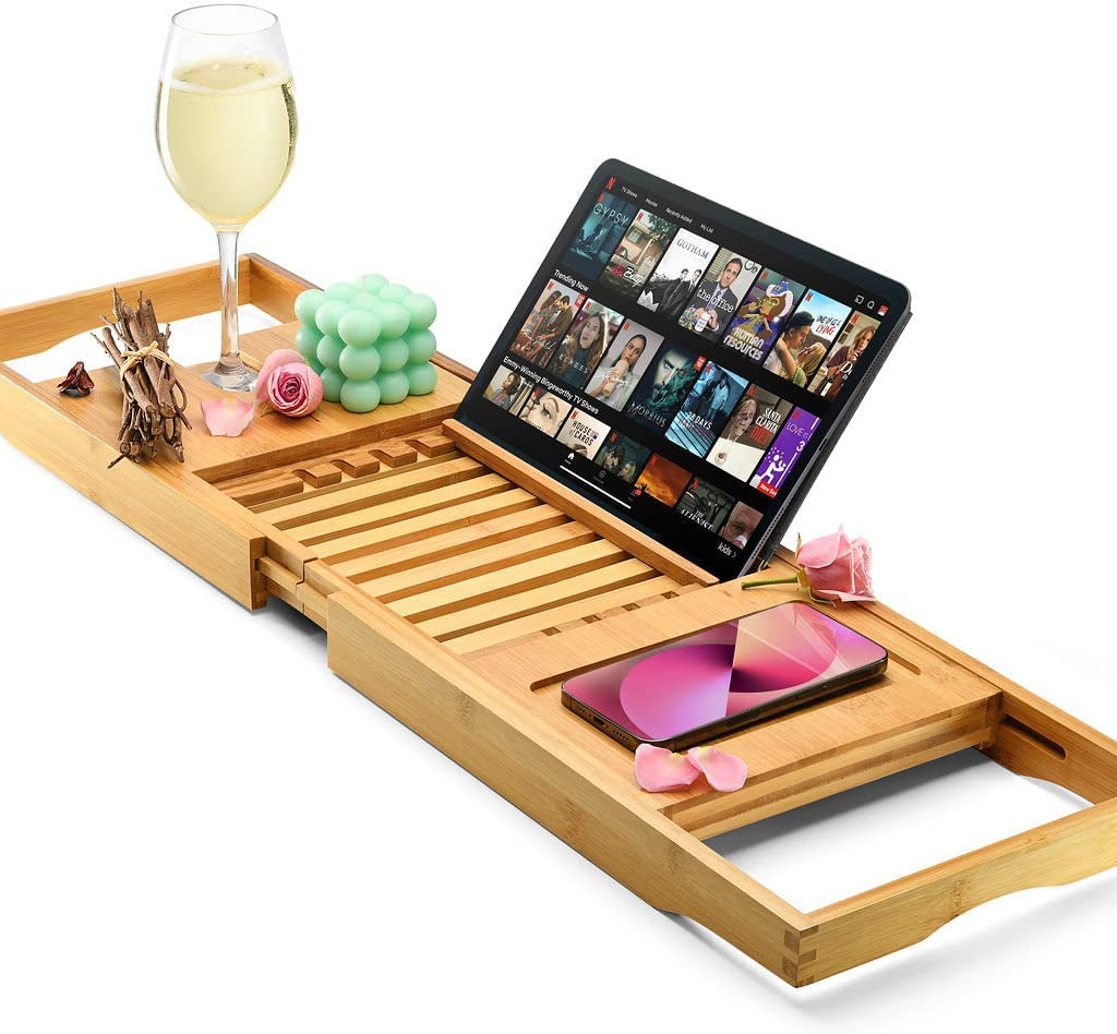 Luxury Bathtub Tray Caddy - Foldable Waterproof Bath Tray & Bath Caddy - Wooden Tub Organizer & Holder for Wine, Book, Soap, Phone Luxury Gift for Men & Women - Expandable Size, Fits Most Tubs Home It