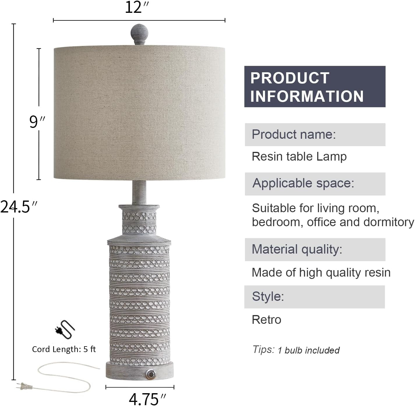 24.5" Table Lamps with 2 USB Charging Ports, 3 Way Dimmable Touch Control Farmhouse Lamp(1 Bulb Included)