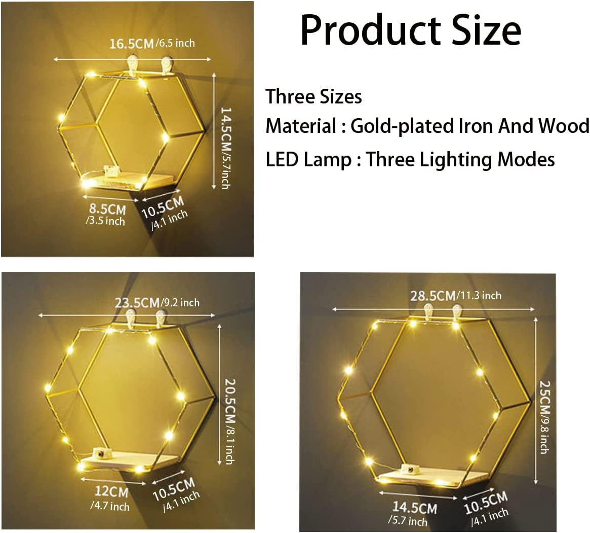  Hexagon Floating Shelves Wall Decor, Gold Metal Wire and Wood Set of 3 with LED Lights