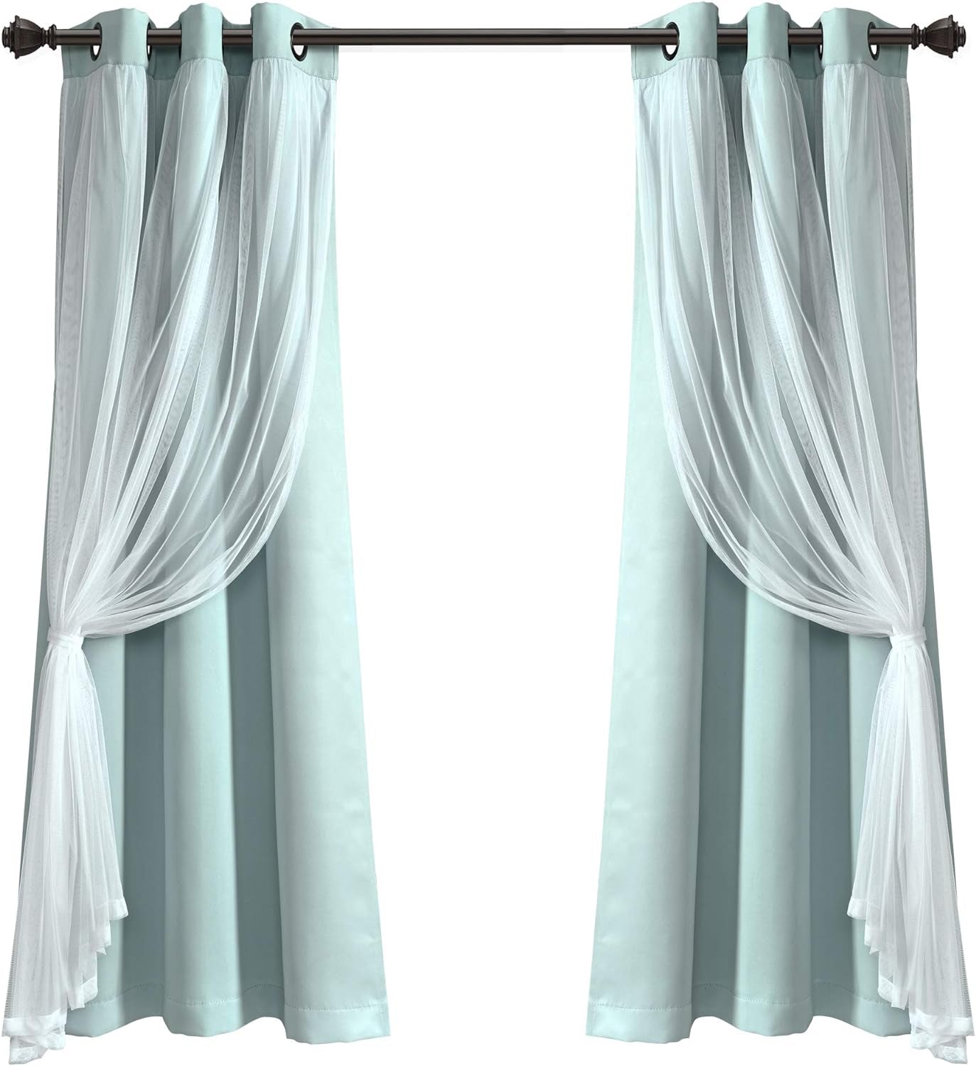 Sheer Grommet Curtains with Insulated Blackout Lining, Window Curtain Panels, Pair, 38"W X 63"L, Blue- Curtain with Sheer Overlay, Elegant Blackout Curtains for Bedroom
