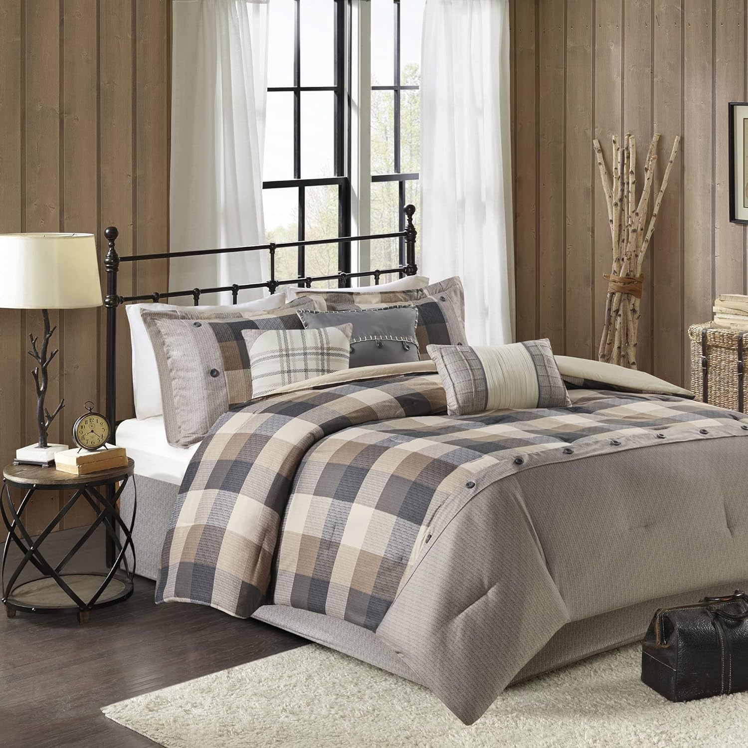 Ridge Comforter Set-Cabin Lodge Plaid Herringbone Design All Season down Alternative Cozy Bedding with Matching Bedskirt, Shams, Decorative Pillow, Queen(90"X90"), Neutral 7 Piece