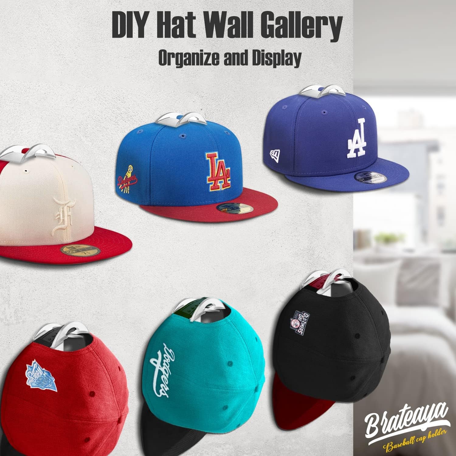 Baseball Hat Holder for Wall, Adhesive Hat Racks for Baseball Caps, Super Strong Hat Display Hooks, No Drilling Hat Organizer Men Boys Bedroom Accessories, Clear, Pack of 10