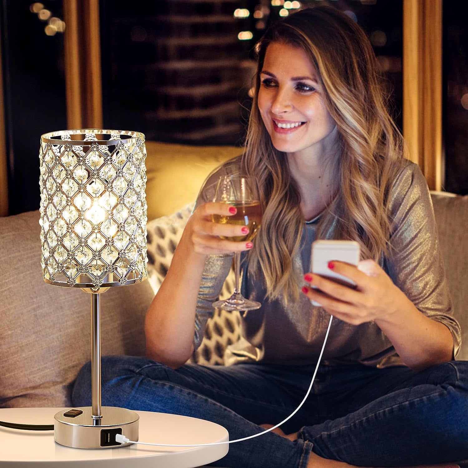Table Lamps Set of 2-Crystal Table Lamp with USB C+A Ports & AC Outlet Sliver (LED Bulb Included)