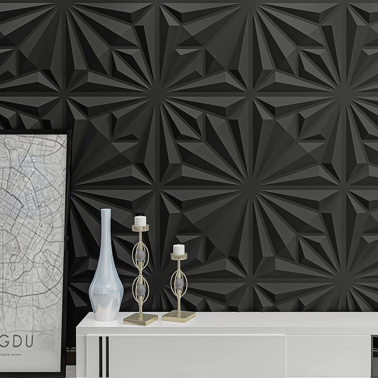 Matte Black Textures 3D Wall Panels Sheets Diamond Design (12 Tiles 32 Sq Ft)