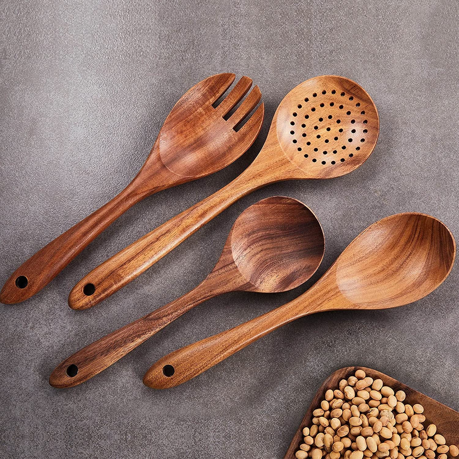 Wooden Kitchen Utensils Set, 9 PCE Natural Teak Wooden Spoons for Non-Stick Pan for Cooking,