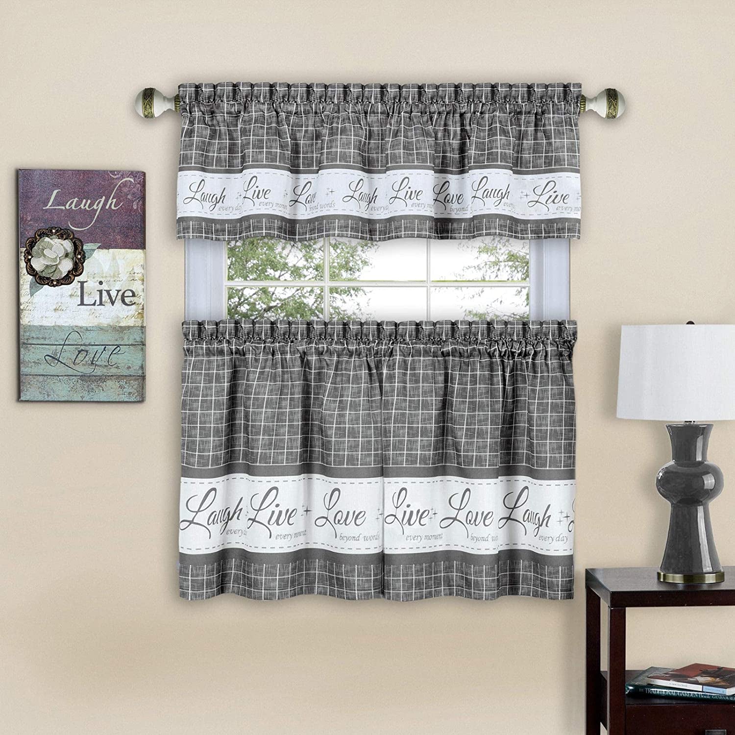Country Gingham Check Live~Laugh~Love 3 Pc. Café Plaid Kitchen Curtain Set - Assorted Colors & Sizes (Gray, 36 In. L)