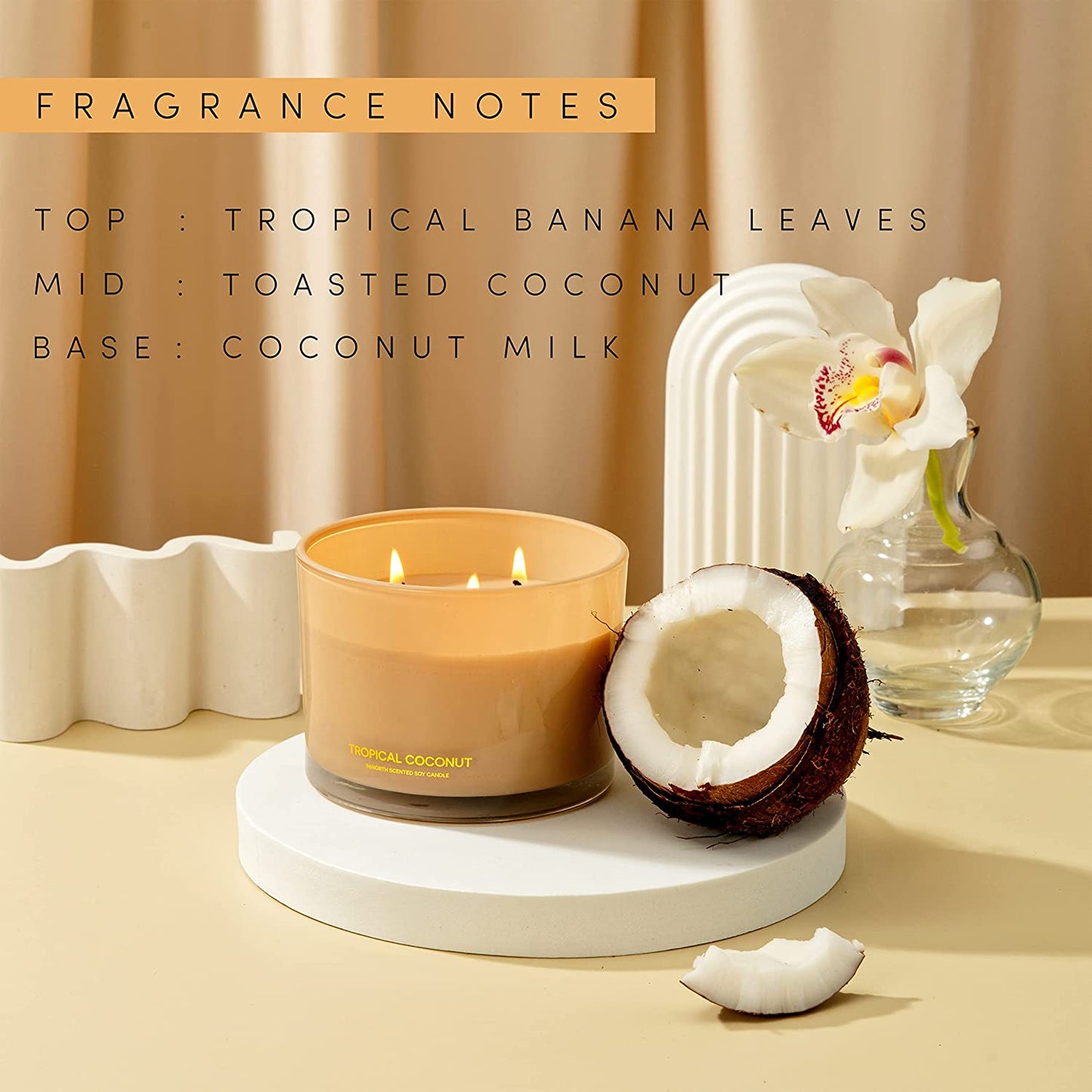 Luxury Coconut Soy Candle | Large 3 Wick Jar Candle | up to 50 Hours Burning Time | Tropical Beach Scented Candles for Home | 100% Natural Soy Wax | Housewarming Gift for Women and Men