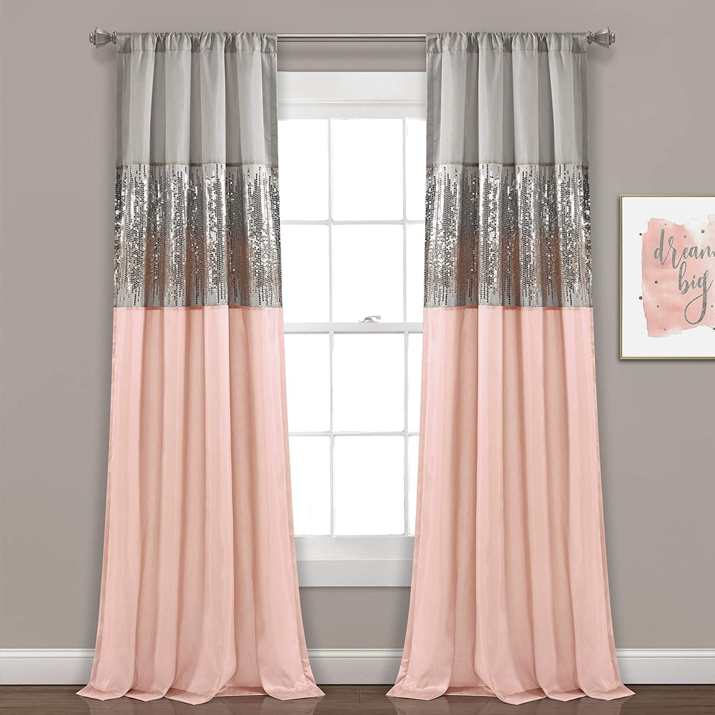 Night Sky Window Curtain Panel for Living, Bedroom, Dining Room (Single Curtain), 42"W X 84"L, Gray & Blush