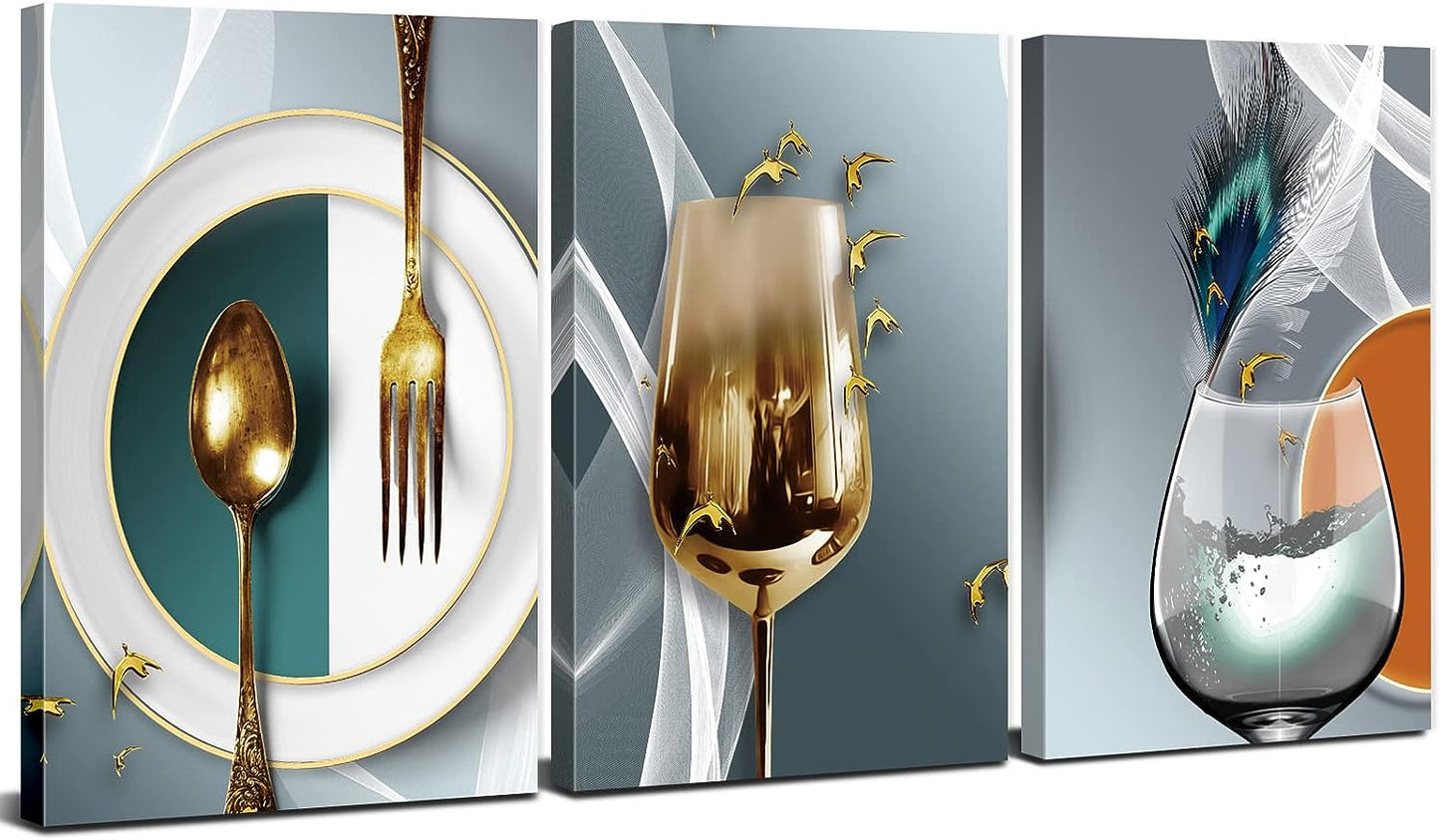 Canvas Wall Art for Gold Wine Glass Pictures 12X16” 3Pcs