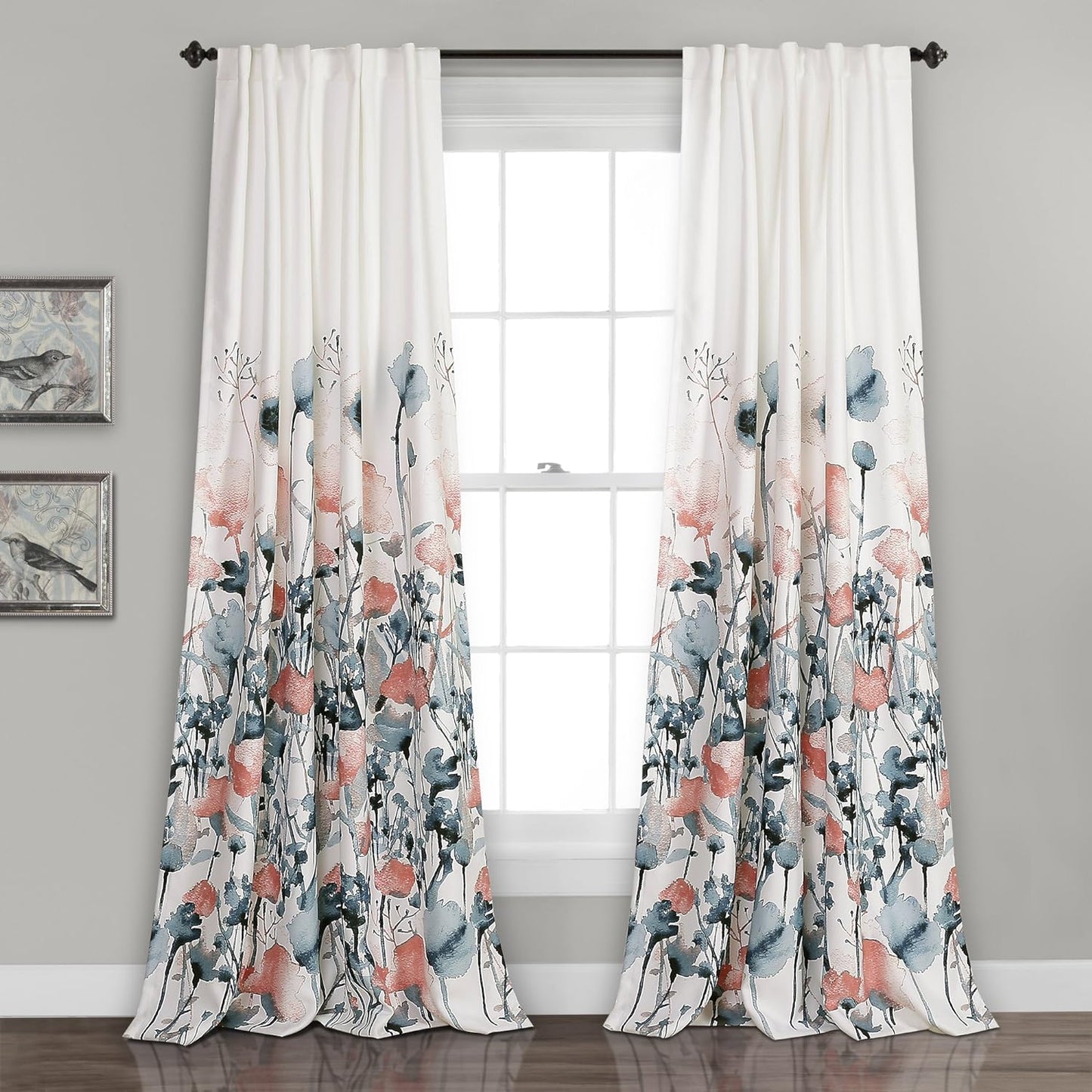 Lush DÉCOR Zuri Flora Curtains Room Darkening Window Panel Set for Living, Dining, Bedroom (Pair), 84 X 52 In, Blue and Coral, 2 Count