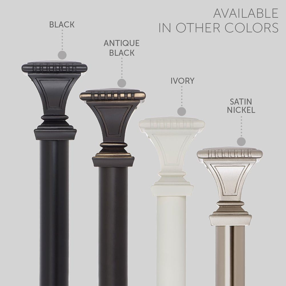 Decorative Window Curtain Rod - Carved Square Finials, 1 1/8 in Rod, 48 to 86 In. Black