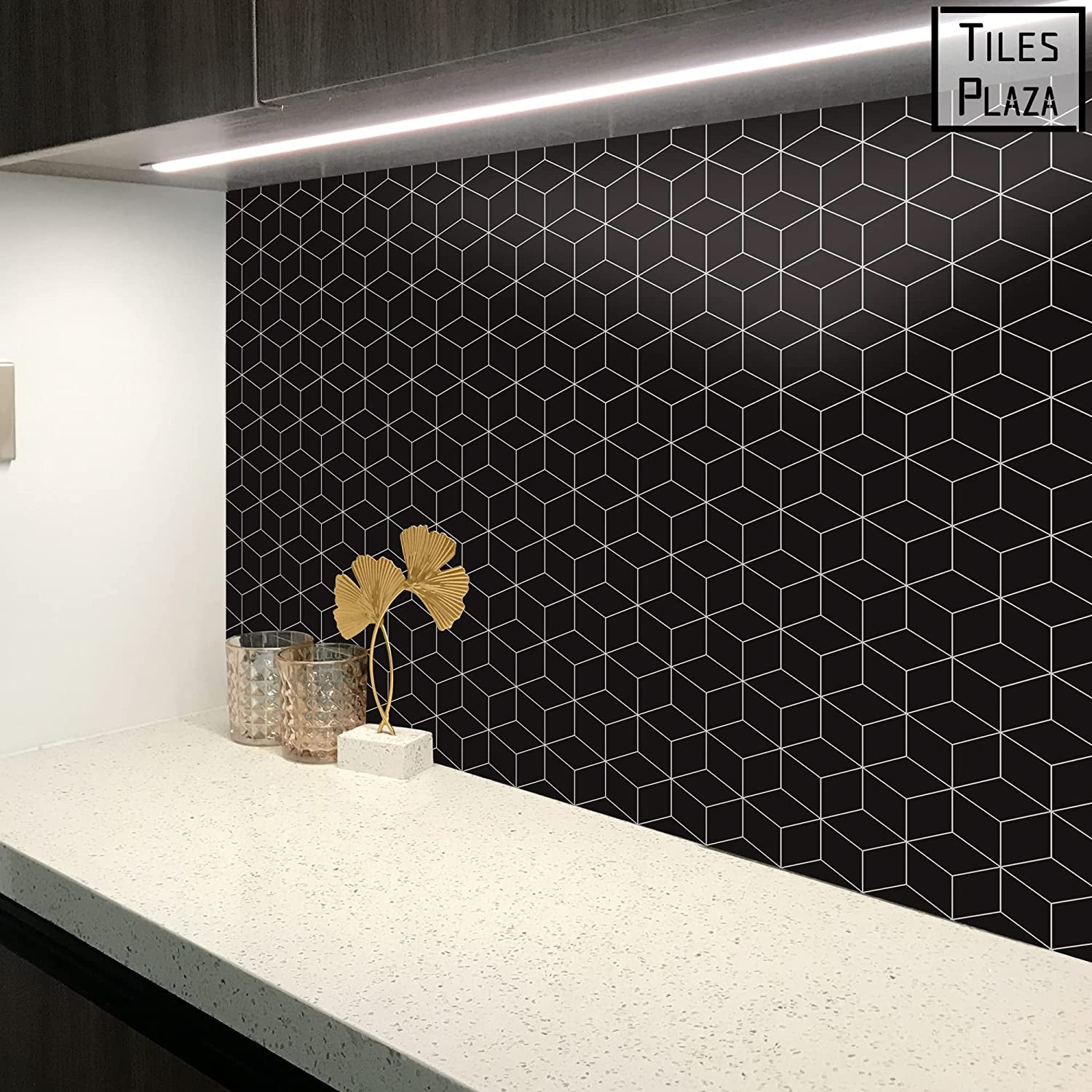 Rhombus Backsplash Tile for Kitchen Peel and Stick, Stone Composite Self Adhesive Tiles, 3D, 12 X 13 Inch 10 Sheets Black