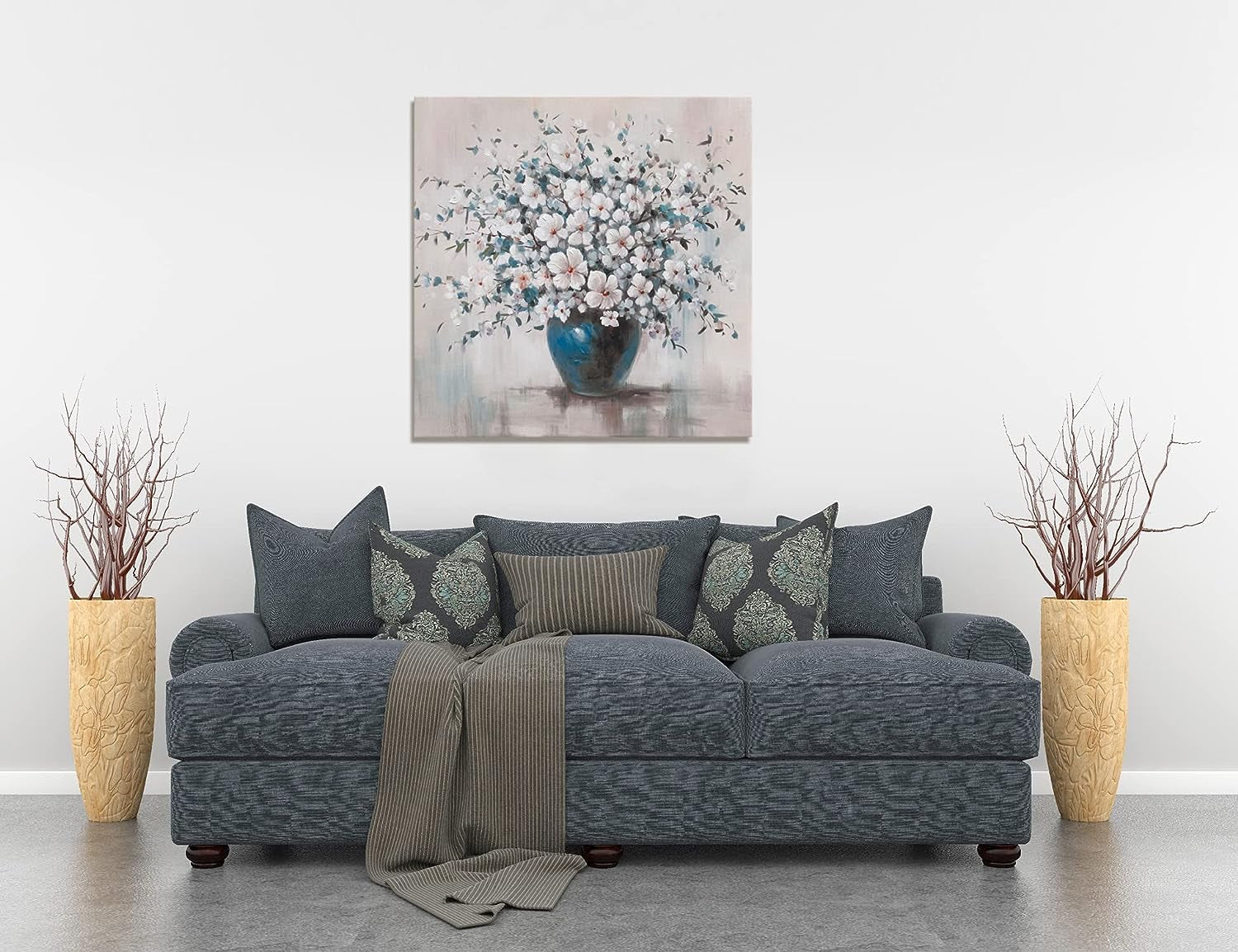 Flower Canvas Wall Art for Living Room Beige Blossom in Blue Vase Ready to Hang