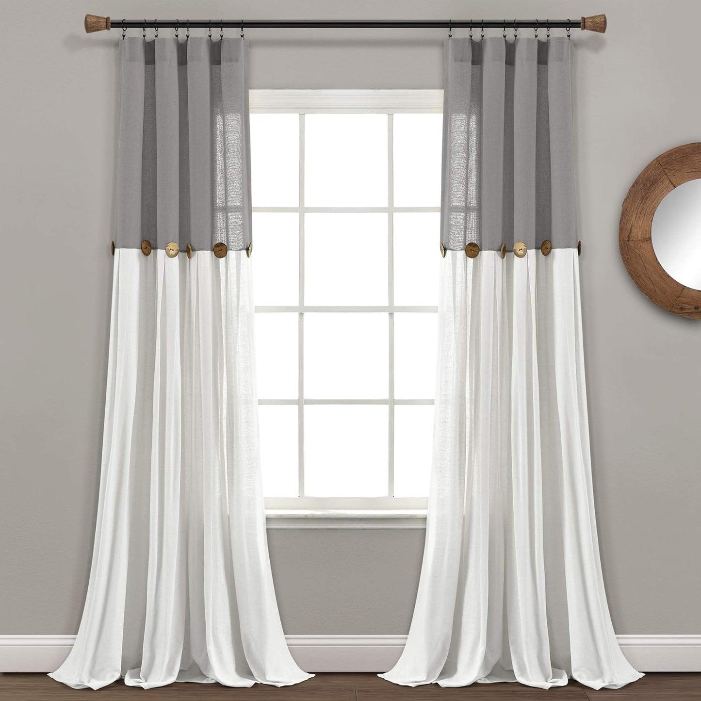 Linen Button Farmhouse Curtains, Single Panel, Pleated Two Tone Design 40"W X 95"L, Dark Gray & Off-White