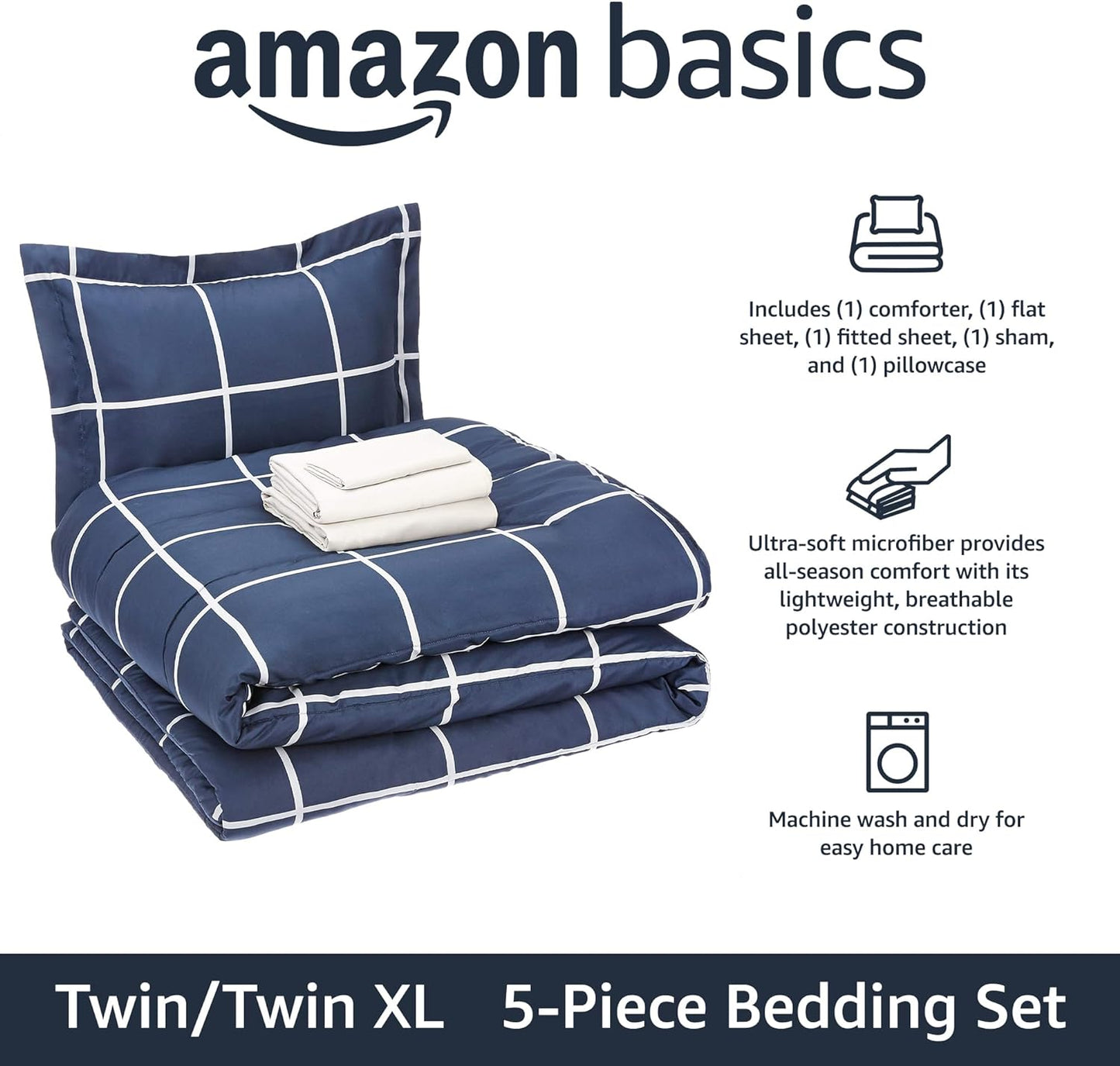 Lightweight Microfiber Bed-In-A-Bag Comforter 5-Piece Bedding Set, Twin/Twin XL, Navy with Simple Plaid