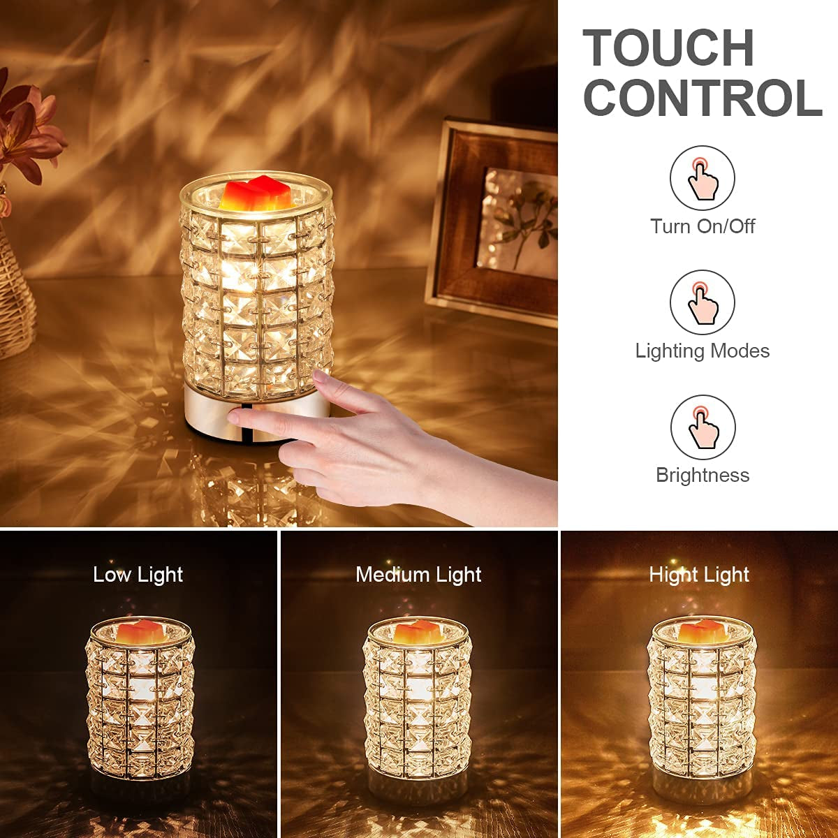 Crystal Touch Electric Wax Melt Warmer with Dimmable Fragrance Candle Melter Warmer for Warming Scented Candle Oil Burner- Spa,Aromatherapy (Transparent Crystal)