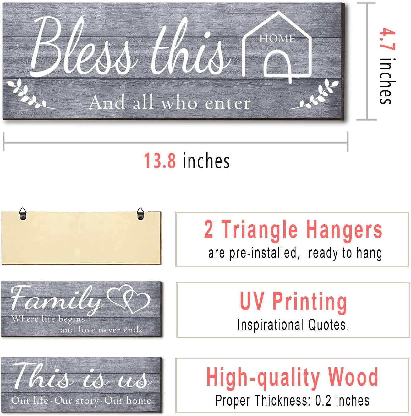 4 Pieces Wall Decor Signs, THIS IS US, TOGETHER, BLESS THIS HOME, FAMILY Rustic Wooden,4.7 X 13.8 Inch(Grey)