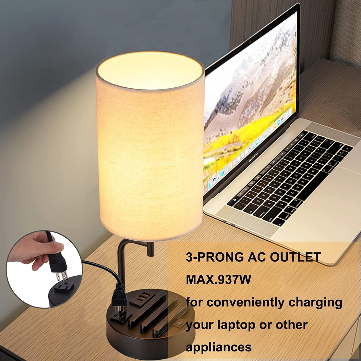 Table Lamp with 3 USB Charging Ports, Modern with AC Outlet and Phone Stands, Cream