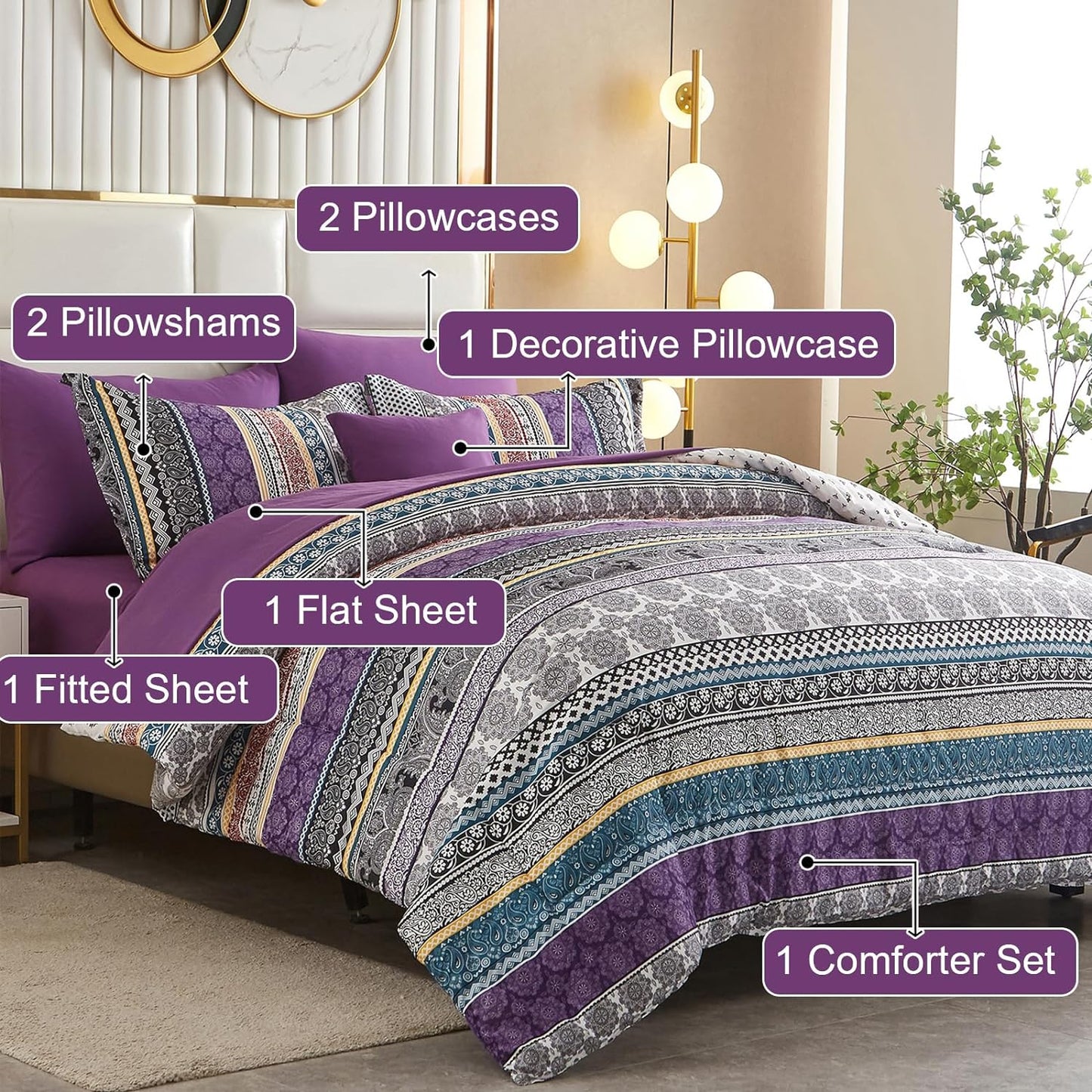 Boho Comforter Set Queen Size,8 Piece Bed in a Bag Bohemian Striped Bedding Quilt Set,Purple Paisley Floral Comforter and Sheet Set,Soft Microfiber Complete Bedding Sets for All Season
