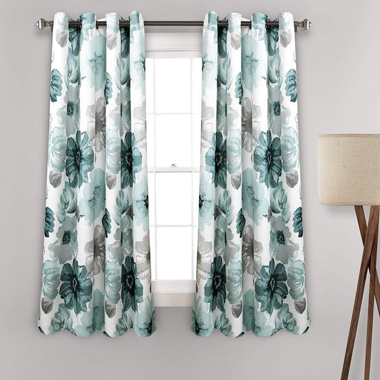 Leah Light Filtering Window Curtain Panel Pair Floral Insulated Grommet, 52"W X 63"L, Blue