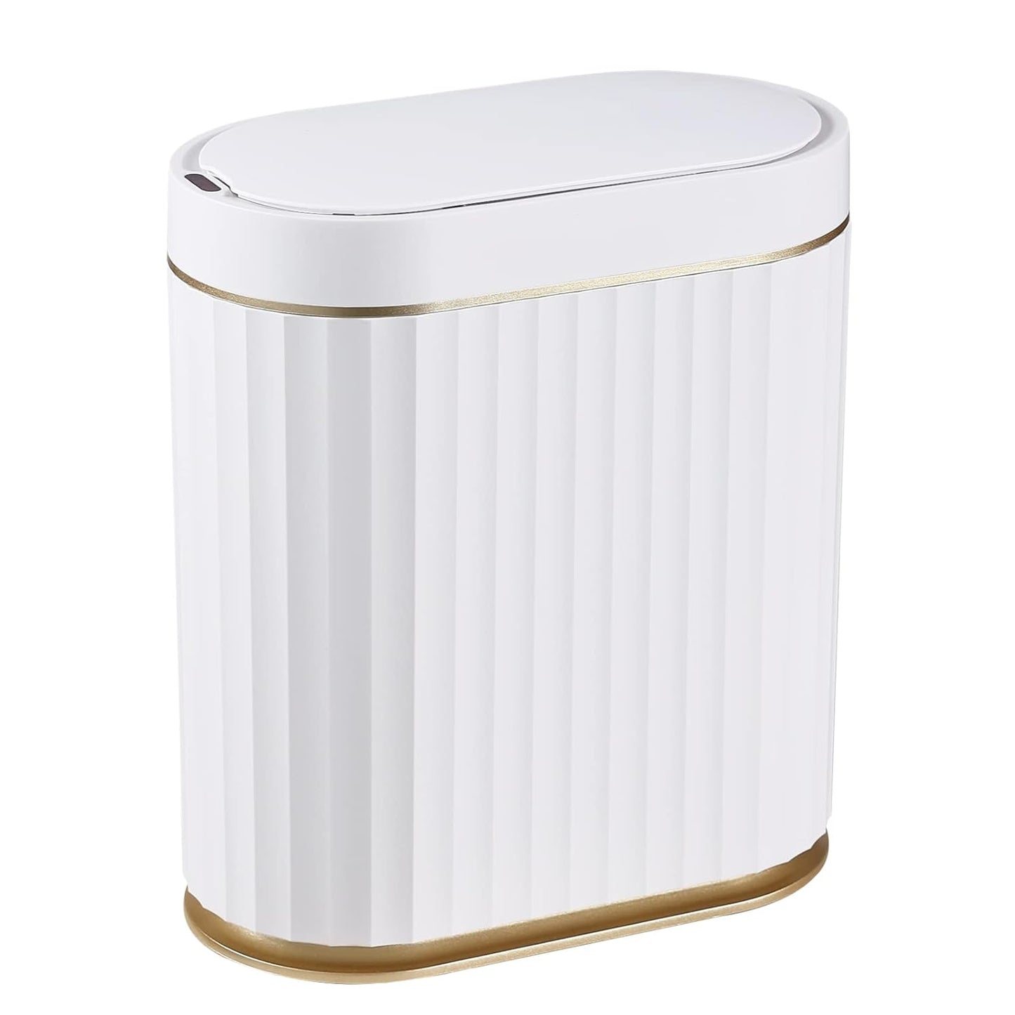 Bathroom Trash Can with Lid Waterproof Automatic Trash Can, 2 Gallon Slimline Smart Trash Can, 9 L Narrow Motion Sensor Trash Can for Bedroom, Bathroom, Kitchen, Office, White with Gold Trim