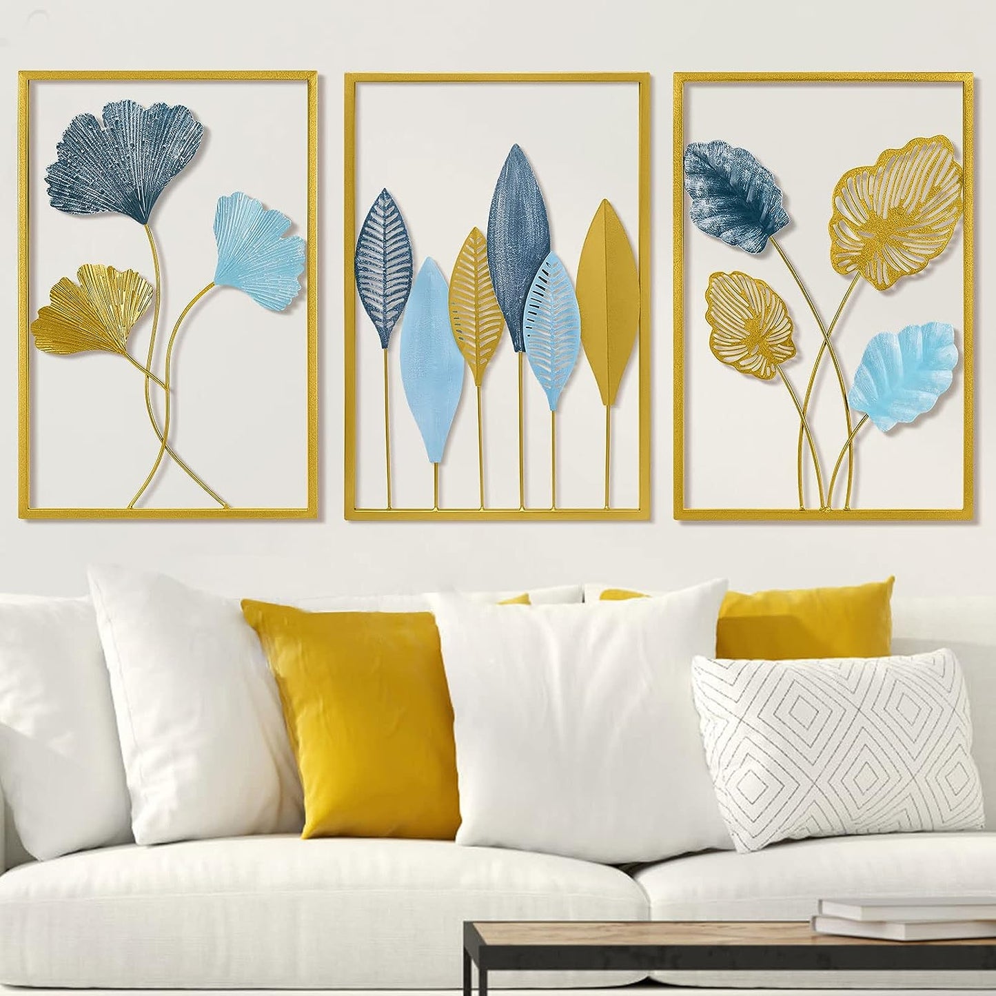 Gold Metal Wall Art Decor, Blue and Gold (3Pcs)