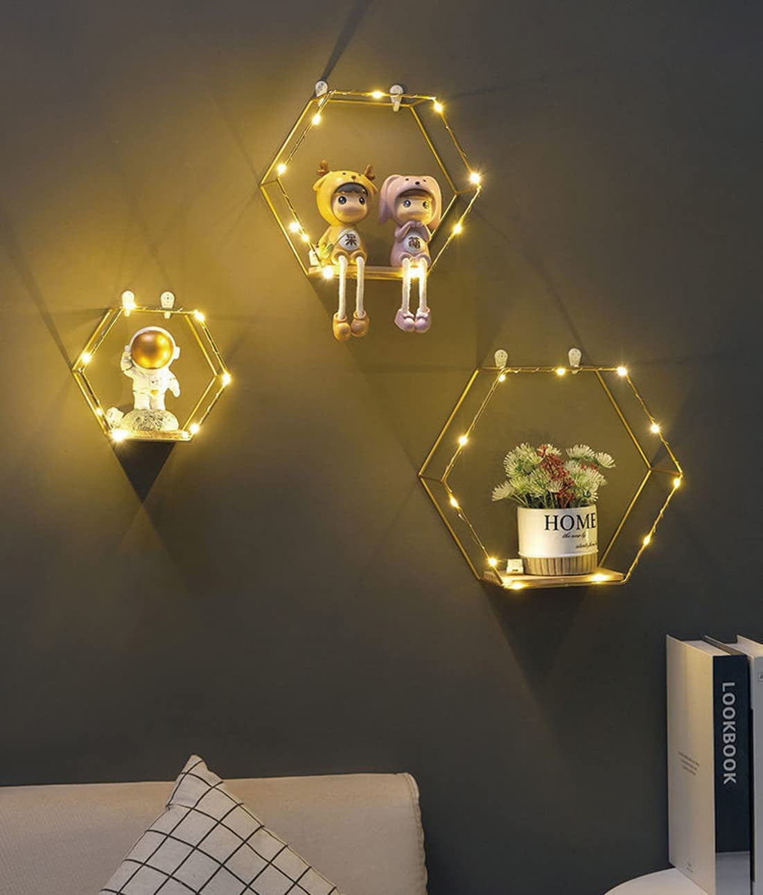  Hexagon Floating Shelves Wall Decor, Gold Metal Wire and Wood Set of 3 with LED Lights