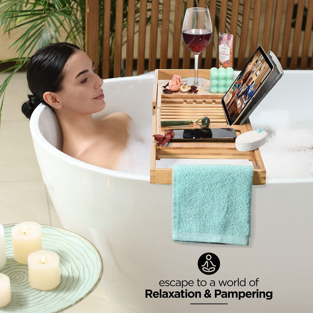 Luxury Bathtub Tray Caddy - Foldable Waterproof Bath Tray & Bath Caddy - Wooden Tub Organizer & Holder for Wine, Book, Soap, Phone Luxury Gift for Men & Women - Expandable Size, Fits Most Tubs Home It